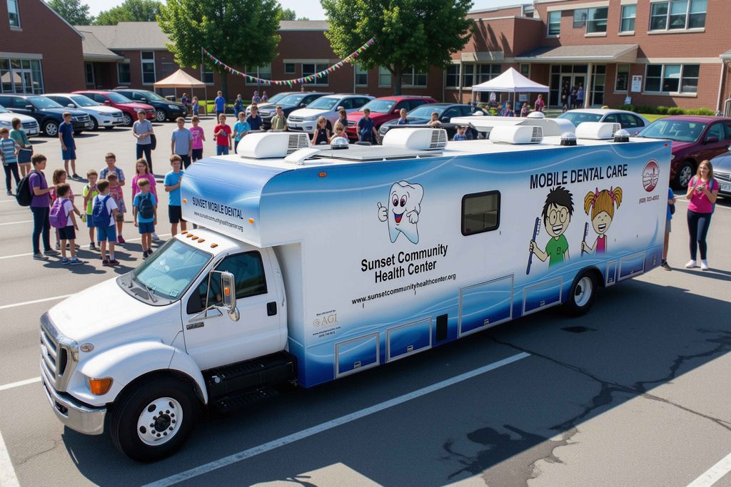 Custom Mobile Dental Clinic for Sunset Community Health Center Parked At A School Event